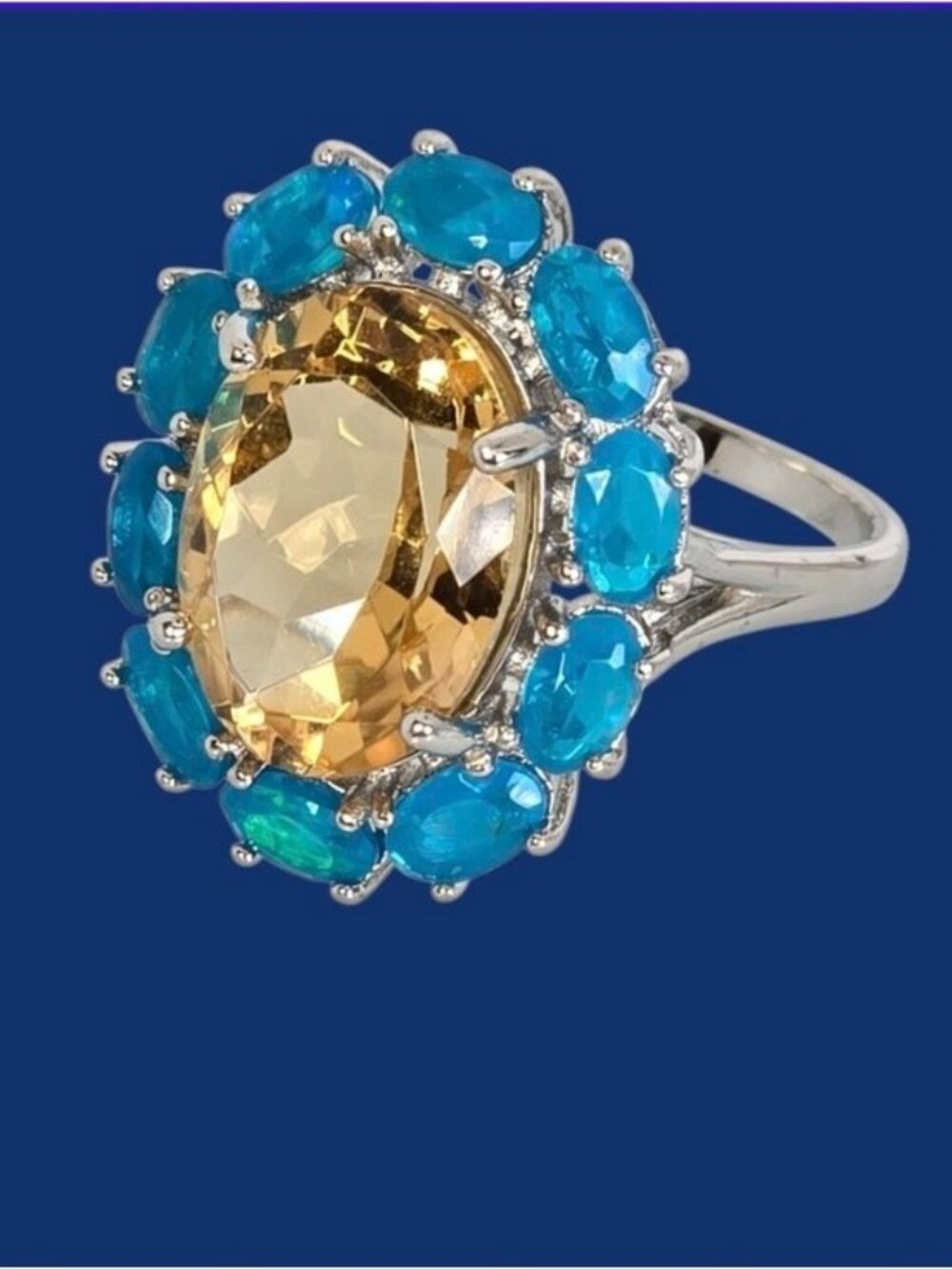 925 Sterling Silver Ring With Natural Citrine & Blue Opal Gems